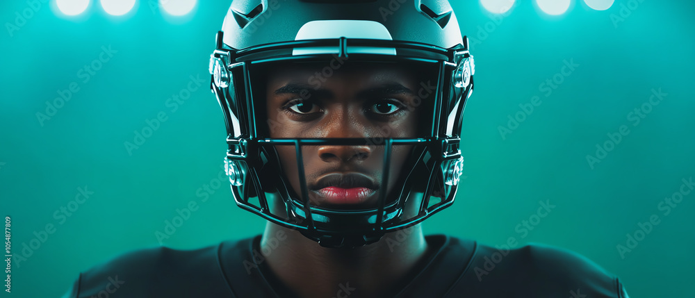 A focused football player in a helmet and jersey, staring intently with a determined expression, illuminated by bright lights in a sports arena.