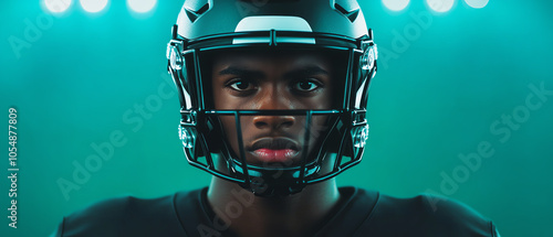 Obraz na płótnie A focused football player in a helmet and jersey, staring intently with a determined expression, illuminated by bright lights in a sports arena. w salonie