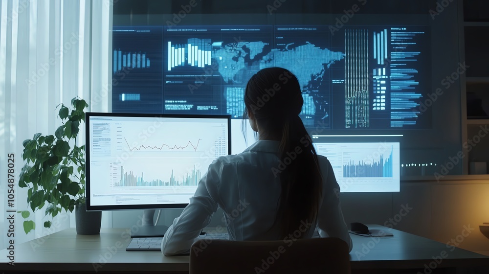 Businesswoman studying financial graphs AI insights projected around screen Businesswoman studying financial graphs AI insights projected around screen