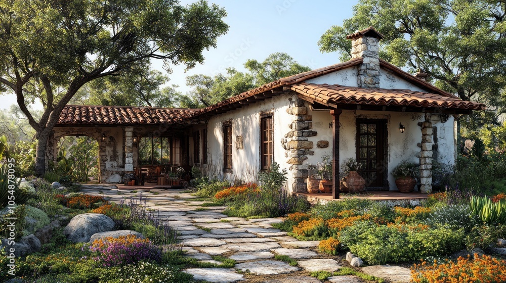 Charming rustic house surrounded by vibrant gardens and trees. Charming rustic house surrounded by vibrant gardens and trees.