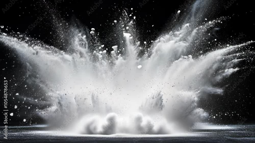 A dramatic explosion sends white powder billowing into the air against a black background A dramatic explosion sends white powder billowing into the air against a black background