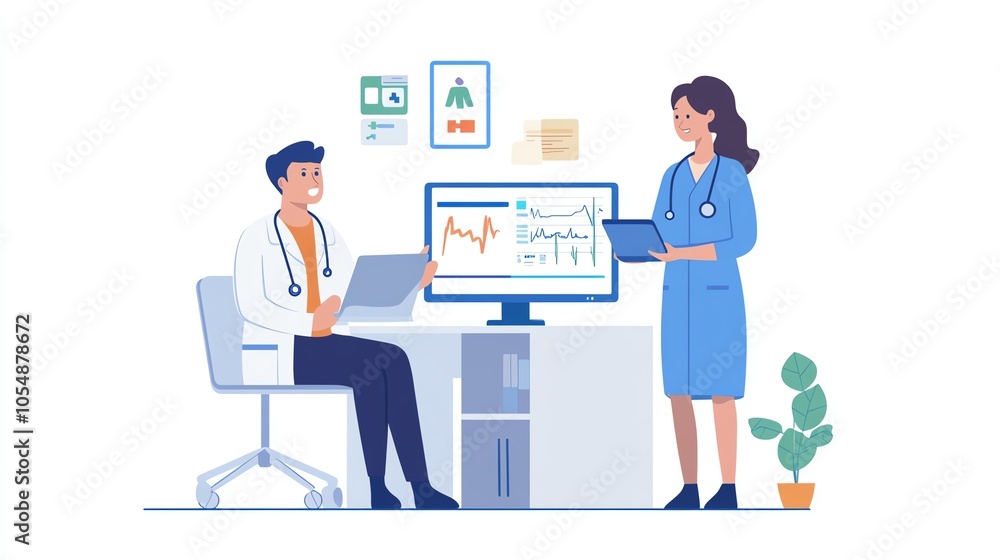 Female doctor discussing mental health with young man computer showing health graphs nurse standing nearby Female doctor discussing mental health with young man computer showing health graphs nurse standing nearby