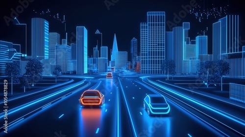 Futuristic Cityscape with Glowing Neon Cars and Buildings