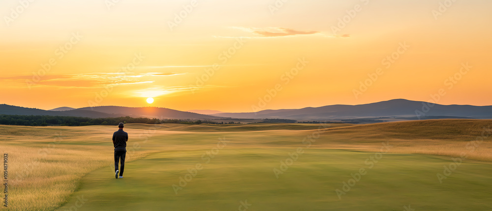 A golfer walks across a serene landscape at sunset, reflecting on the game and enjoying the tranquility of the golf course.