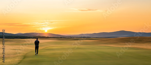Obraz na płótnie A golfer walks across a serene landscape at sunset, reflecting on the game and enjoying the tranquility of the golf course. w salonie