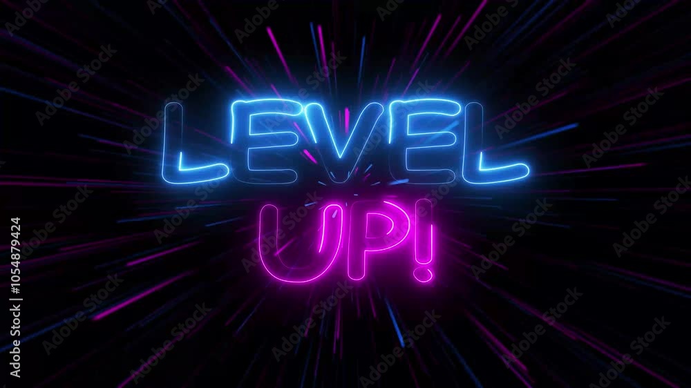 Glowing neon words, Level up, on looping line background. Glowing neon words, Level up, on looping line background.