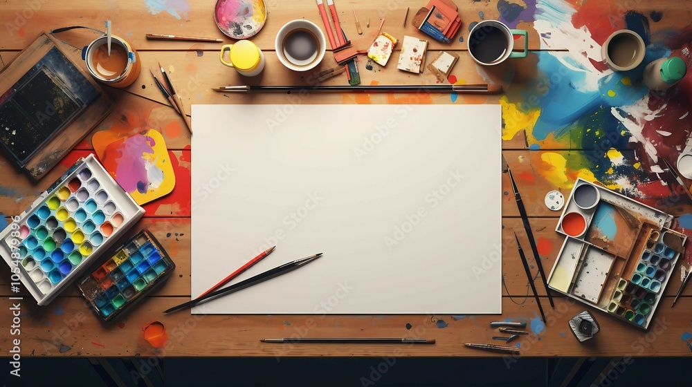 Capture Your Ideas: Blank Notepad Mockup on a Creative Workspace Filled with Sketching Essentials Capture Your Ideas: Blank Notepad Mockup on a Creative Workspace Filled with Sketching Essentials