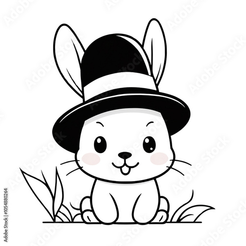 Coloring page for kids of a cute and funny rabbit wearing a beautiful hat