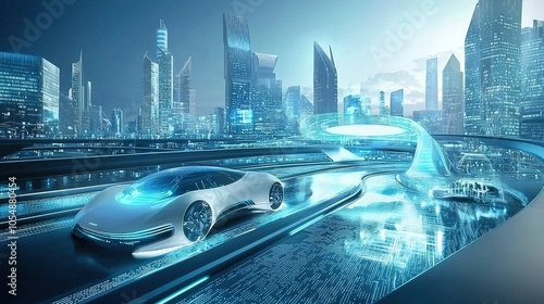 Futuristic Cityscape with Self Driving Car photo