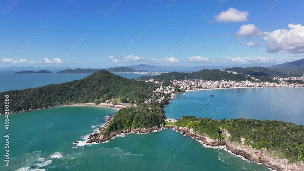 Bombinhas Skyline At Bombinhas Santa Catarina Brazil. Turquoise Ocean Waves Gently Crashing On Tropical Beach. Coast Clouds Sky Seaside Summertime. Coast Outdoors Scenic Coastline. Bombinhas Skyline At Bombinhas Santa Catarina Brazil. Turquoise Ocean Waves Gently Crashing On Tropical Beach. Coast Clouds Sky Seaside Summertime. Coast Outdoors Scenic Coastline.
