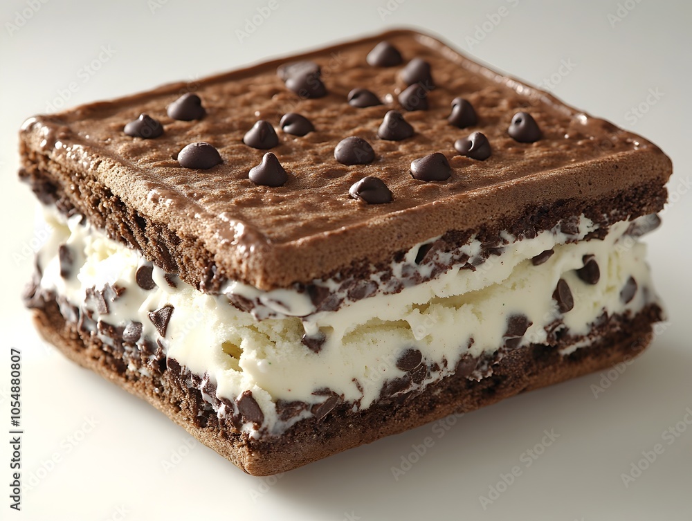 Mint Chocolate Chip Ice Cream Sandwich in Soft Lighting on White Background Mint Chocolate Chip Ice Cream Sandwich in Soft Lighting on White Background