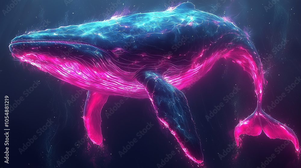 neon pink and blue hues highlight a majestic whale gliding through dark cosmic waters neon pink and blue hues highlight a majestic whale gliding through dark cosmic waters