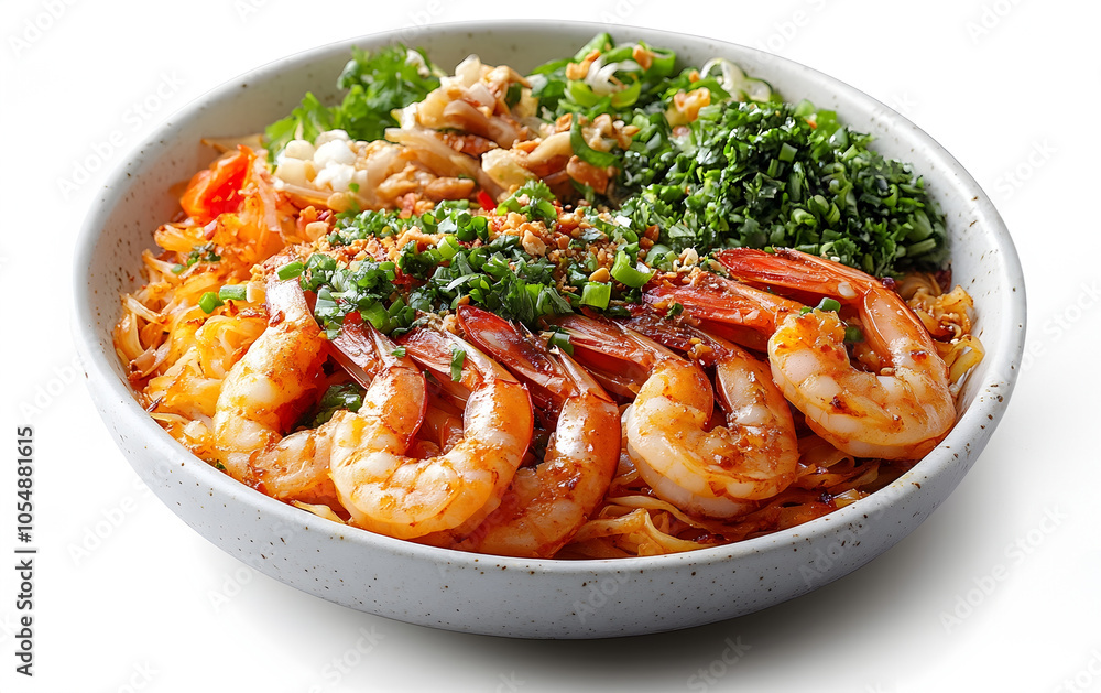 Delectable Pad Thai with Shrimp and Vegetables in White Dish on Isolated Background Delectable Pad Thai with Shrimp and Vegetables in White Dish on Isolated Background