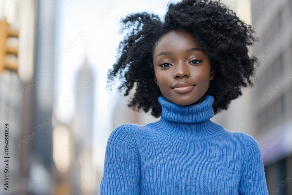 African woman wearing turtleneck sweater standing among skyscrapers African woman wearing turtleneck sweater standing among skyscrapers