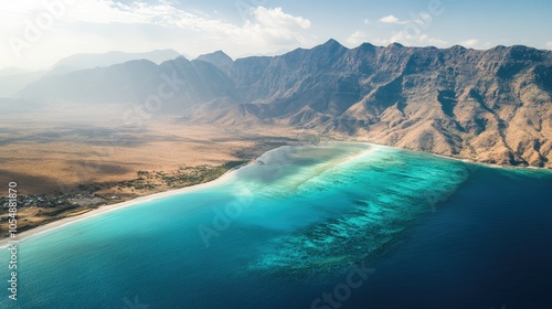 Aerial view of the beautiful coral reefs surrounding Socotra Island, capturing the vibrant underwater life and marine biodiversity. No people included.