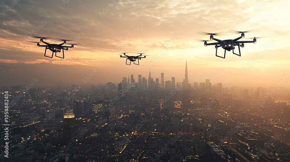 Drones Flying Over City Skyline at Sunset Drones Flying Over City Skyline at Sunset