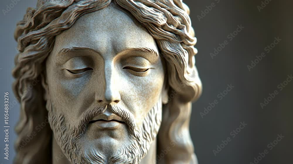 A close-up of a detailed stone sculpture of Jesus, with eyes closed A close-up of a detailed stone sculpture of Jesus, with eyes closed