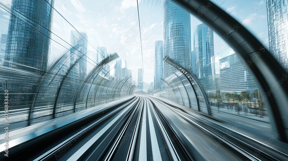 Fototapeta premium High Speed Train Through Modern Cityscape
