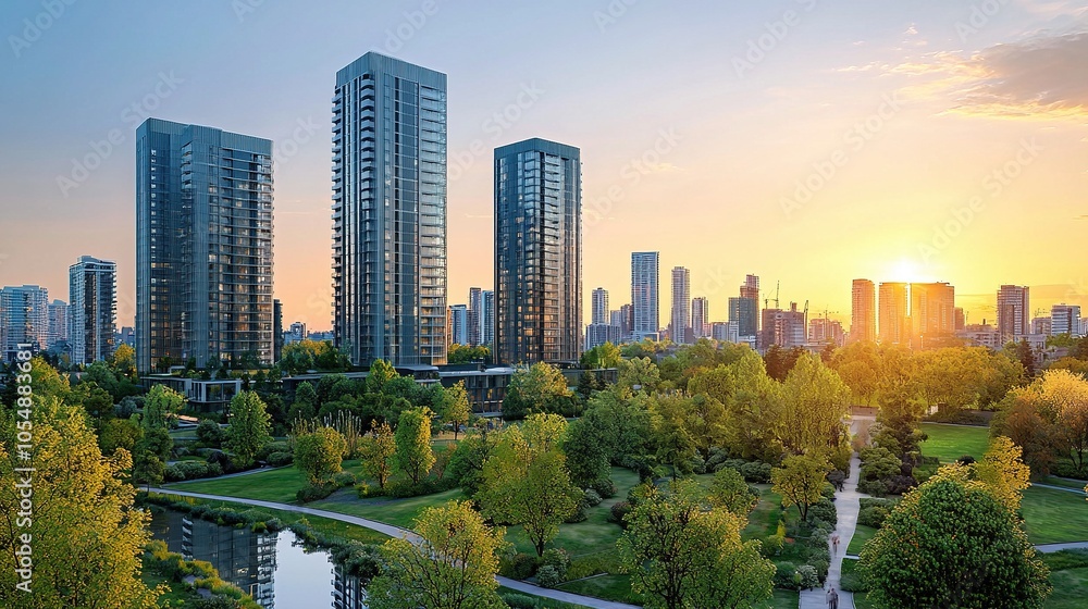 Naklejka premium Modern City Skyline With Park And Sunset