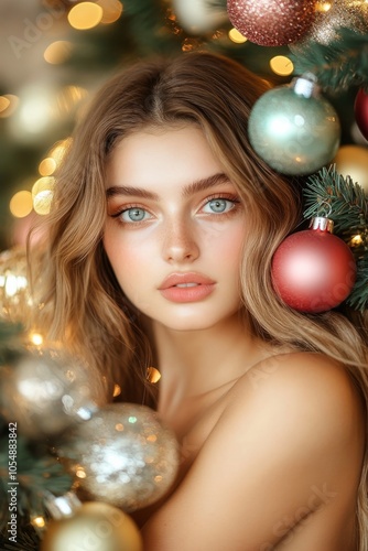 Christmas Magic: A young woman with captivating blue eyes and tousled blonde hair gazes into the camera, surrounded by the warm glow of Christmas lights and ornaments.