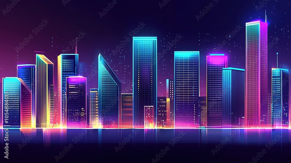 Neon Cityscape Skyline with Glowing Lights and Stars Neon Cityscape Skyline with Glowing Lights and Stars