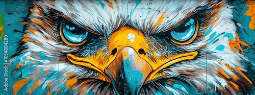Close-up of a colorful graffiti mural depicting an eagle's face.