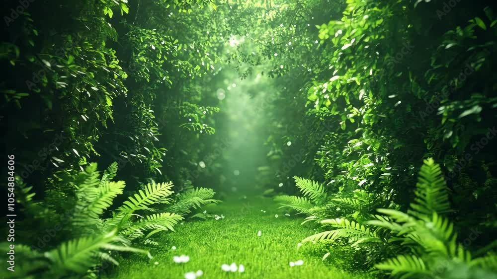 Lush green forest pathway: serene nature escape with ferns and soft sunlight Lush green forest pathway: serene nature escape with ferns and soft sunlight