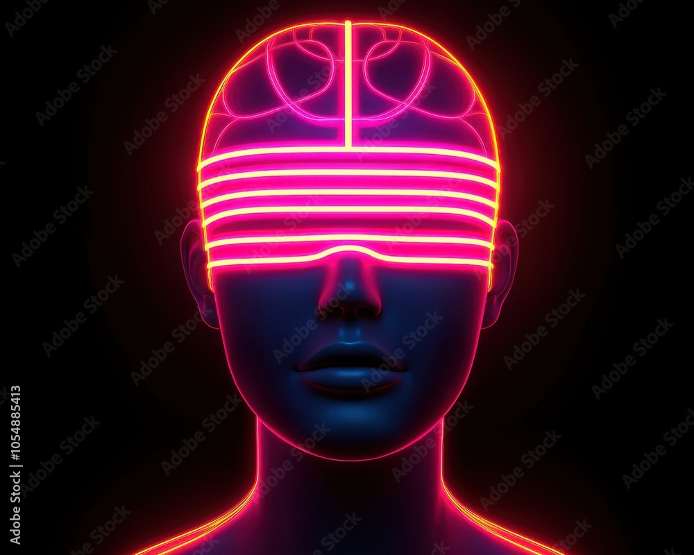 A futuristic representation of a human head with neon lights, depicting concepts of technology, virtual reality, and cognitive exploration. A futuristic representation of a human head with neon lights, depicting concepts of technology, virtual reality, and cognitive exploration.