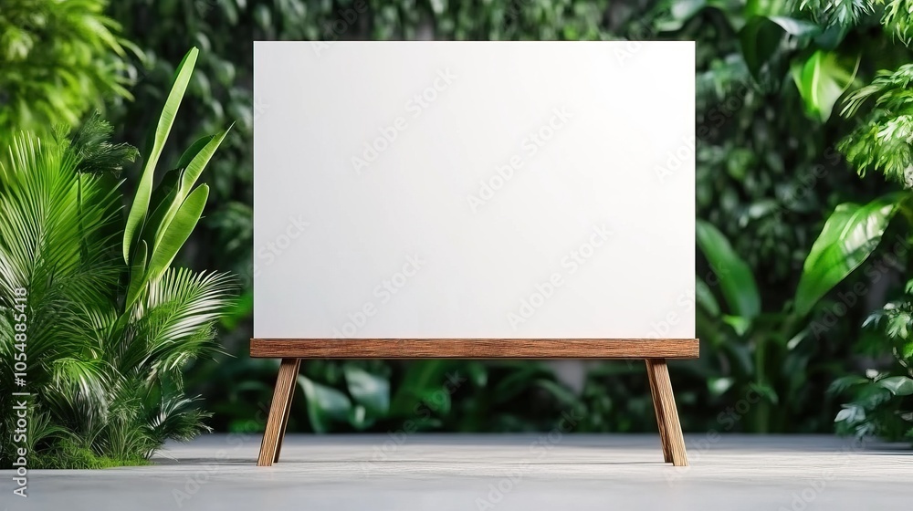 Fototapeta premium A blank easel stands amidst lush green plants, offering a versatile space for creative expression and visual presentations.