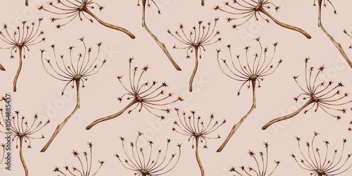 Dried flower herb with umbrella inflorescences pattern on a beige background watercolor illustration. Dry stem decoration for Halloween, Thanksgiving, bouquets, wreaths. Isolated. Gothic design autumn
