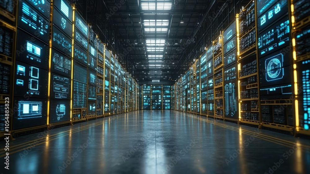A high-tech data center with illuminated server racks and screens, showcasing a modern digital infrastructure. A high-tech data center with illuminated server racks and screens, showcasing a modern digital infrastructure.