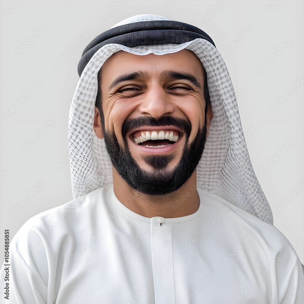 Close-up of a joyful Middle Eastern man wearing traditional attire, showcasing a genuine smile and positive emotion, with gray background. Close-up of a joyful Middle Eastern man wearing traditional attire, showcasing a genuine smile and positive emotion, with gray background.