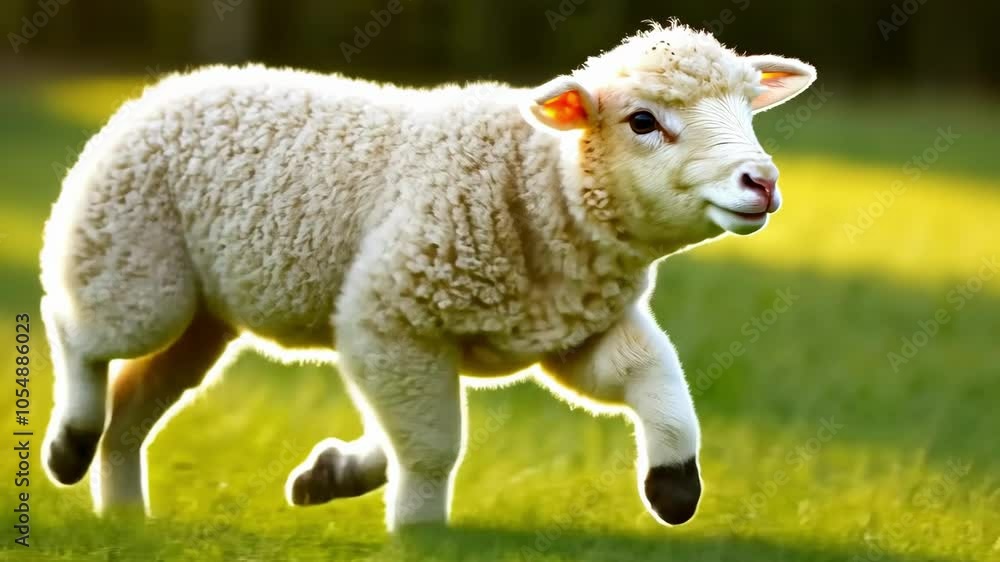 Adorable lamb running through sunlit meadow in springtime