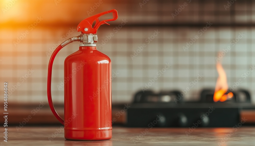 Naklejka premium A red fire extinguisher stands beside a stove with flames, emphasizing fire safety in a kitchen setting.