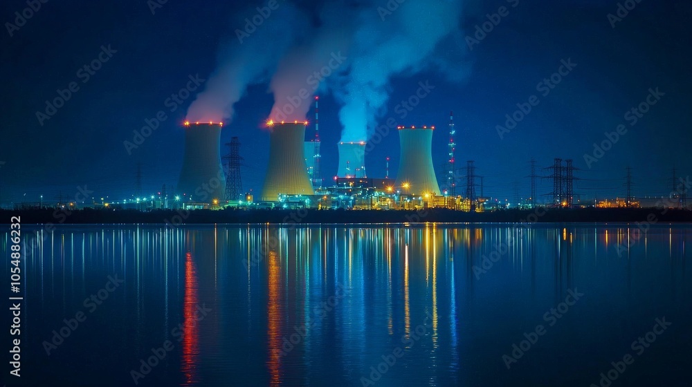 Industrial Night Landscape with Cooling Towers and Water Reflection Industrial Night Landscape with Cooling Towers and Water Reflection