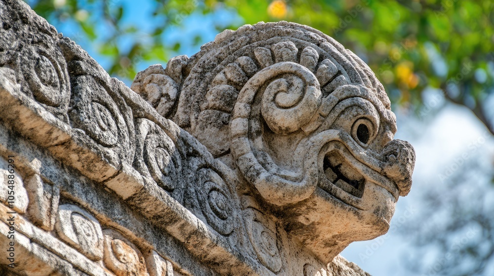 Close-up of the intricate stone carvings on the Temple of Kukulcan at Chichen Itza, showcasing the Mayan architectural details. No people included. Close-up of the intricate stone carvings on the Temple of Kukulcan at Chichen Itza, showcasing the Mayan architectural details. No people included.