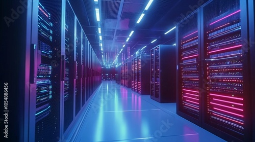 Data Center Server Room with Neon Lights