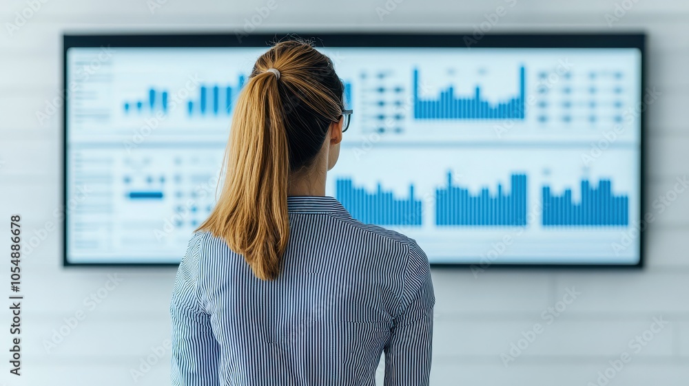 A woman observes data visualizations displayed on a large screen, analyzing graphs and statistics in a professional environment. A woman observes data visualizations displayed on a large screen, analyzing graphs and statistics in a professional environment.