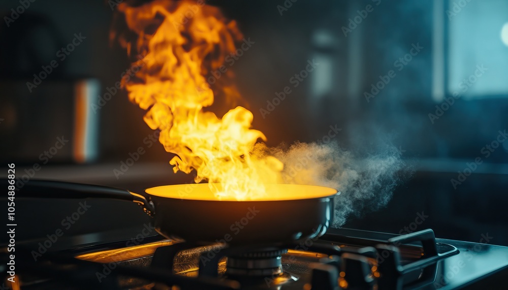 A pan ignites with flames and steam, showcasing intense cooking in a kitchen setting, capturing the energy and excitement of meal preparation. A pan ignites with flames and steam, showcasing intense cooking in a kitchen setting, capturing the energy and excitement of meal preparation.