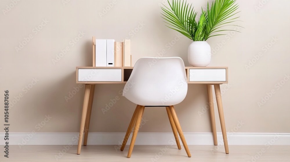 Fototapeta premium A minimalist home office desk with a white chair and a plant in a white vase.