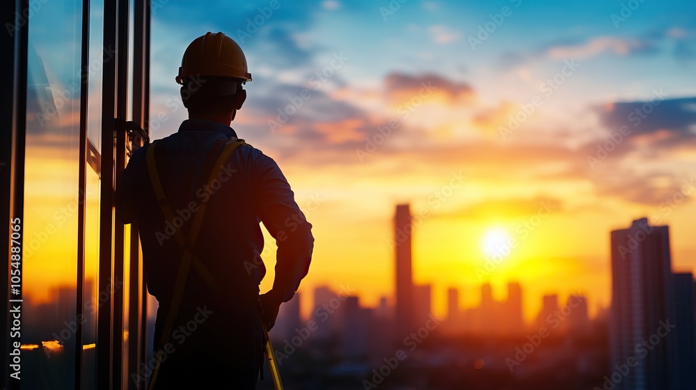A construction worker observes a beautiful sunset over a city skyline, highlighting the blend of labor and nature’s beauty. A construction worker observes a beautiful sunset over a city skyline, highlighting the blend of labor and nature’s beauty.