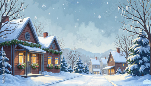 Cozy Winter Village Glowing Peacefully Under Snowy Night Sky