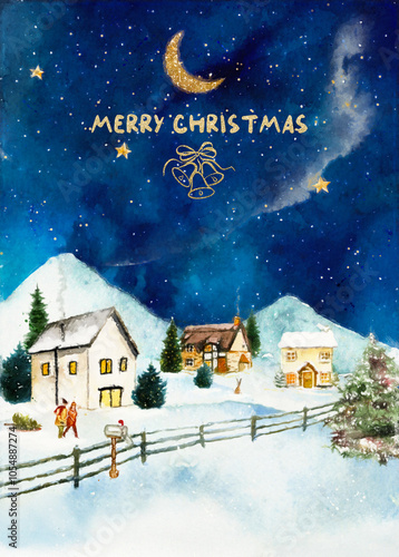 Christmas Card with Snowy Landscape - Watercolor of a Starry Night