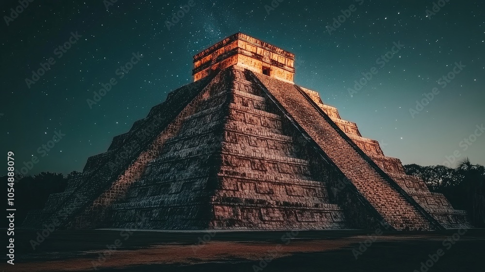 Dramatic shot of El Castillo illuminated at night, showcasing the pyramid's grandeur against the starry sky. No people included. Dramatic shot of El Castillo illuminated at night, showcasing the pyramid's grandeur against the starry sky. No people included.