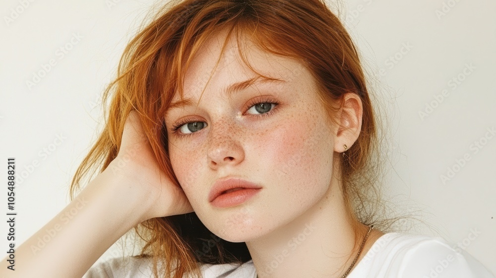 Naklejka premium Captivating portrait of a young woman with freckles and warm red hair against a minimalist background