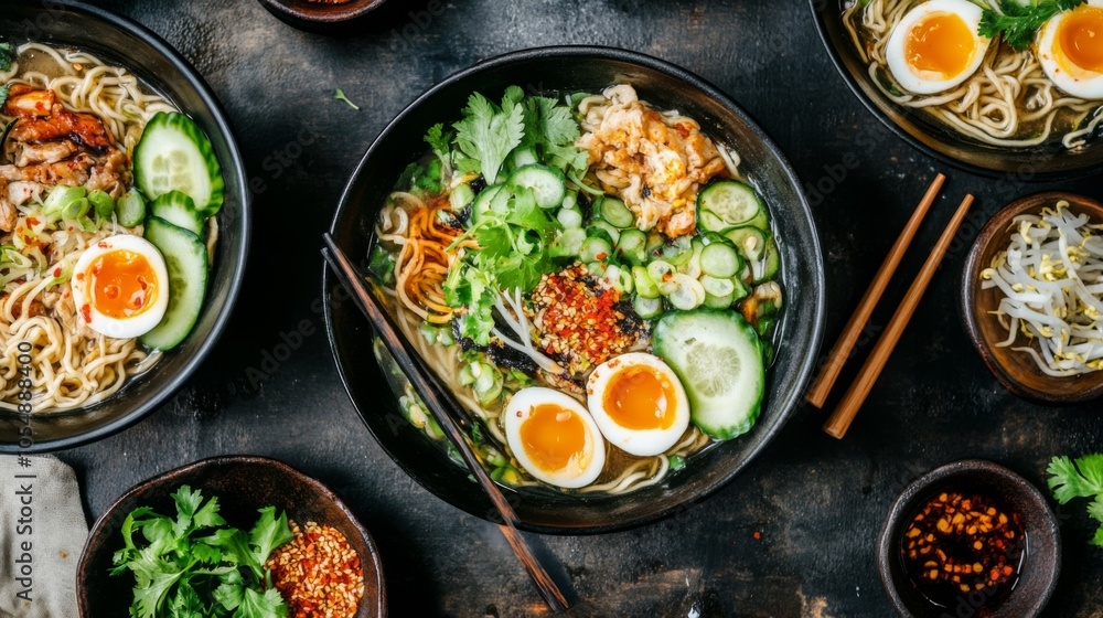Cozy Ramen Bowls with Spicy Chili Oil in Kitchen Cozy Ramen Bowls with Spicy Chili Oil in Kitchen