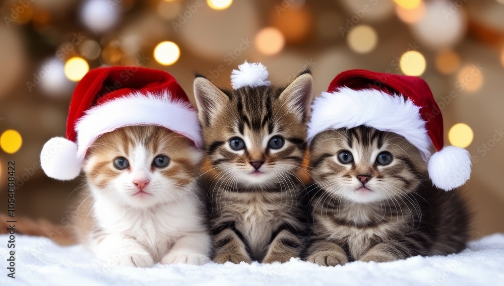 adorable kittens wearing red Santa hats sitting on a soft snowy surface against bokeh lights background adorable kittens wearing red Santa hats sitting on a soft snowy surface against bokeh lights background