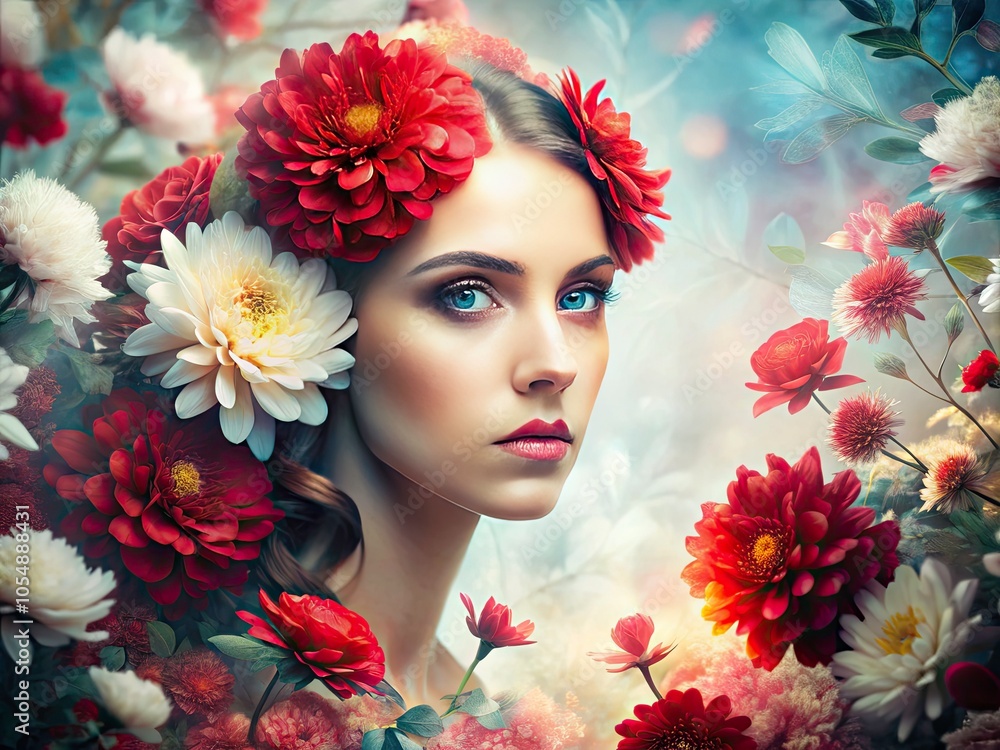 Abstract Double Exposure Photography of Red and White Flowers Blending in a Dreamy Background for Artistic Designs and Nature-Inspired Aesthetics Abstract Double Exposure Photography of Red and White Flowers Blending in a Dreamy Background for Artistic Designs and Nature-Inspired Aesthetics
