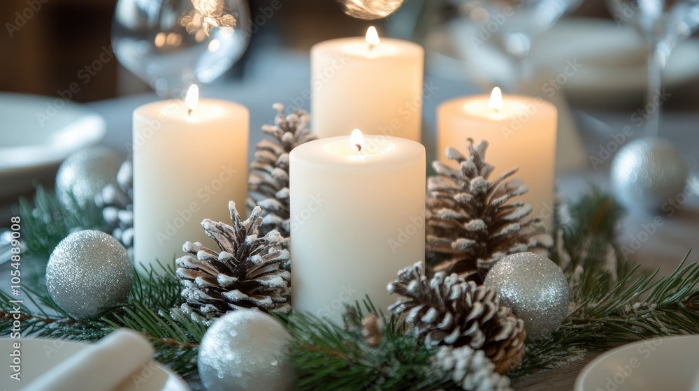 A holiday table centerpiece featuring pillar candles in white, surrounded by silver pinecones and fresh greenery. A holiday table centerpiece featuring pillar candles in white, surrounded by silver pinecones and fresh greenery.
