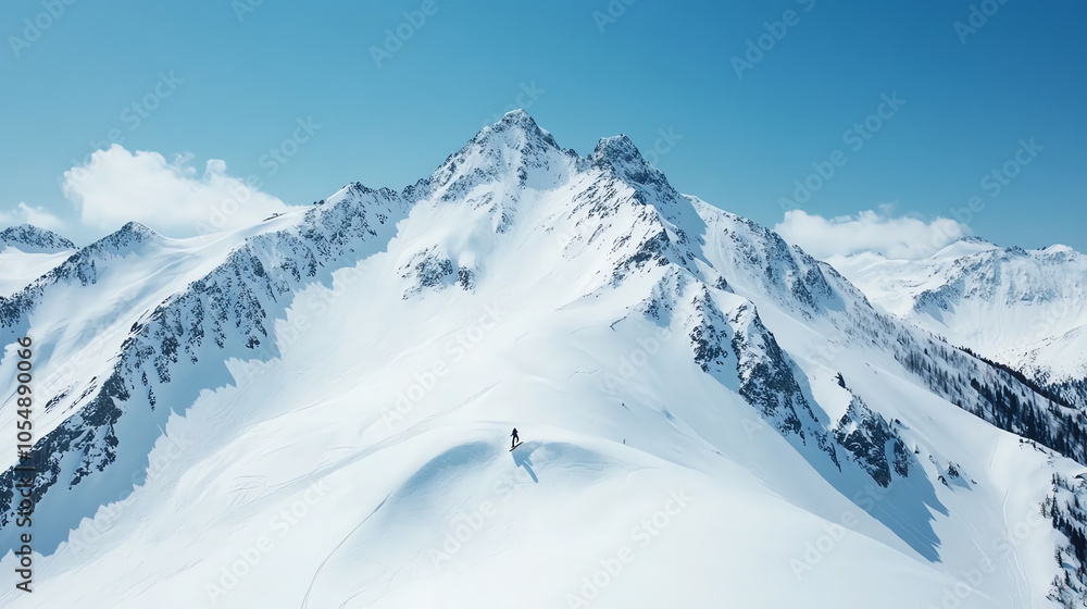 Obraz premium Snow-covered mountain peaks under a clear blue sky showcasing the beauty of nature and serene winter landscapes.